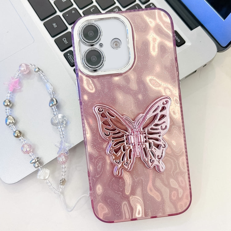 Plating Glitter Lens Film Texture Butterfly Holder Wristband Phone Case, For iPhone 16 Plus