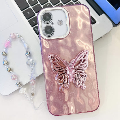 Plating Glitter Lens Film Texture Butterfly Holder Wristband Phone Case, For iPhone 16 Plus
