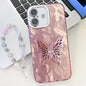 Plating Glitter Lens Film Texture Butterfly Holder Wristband Phone Case, For iPhone 16 Plus