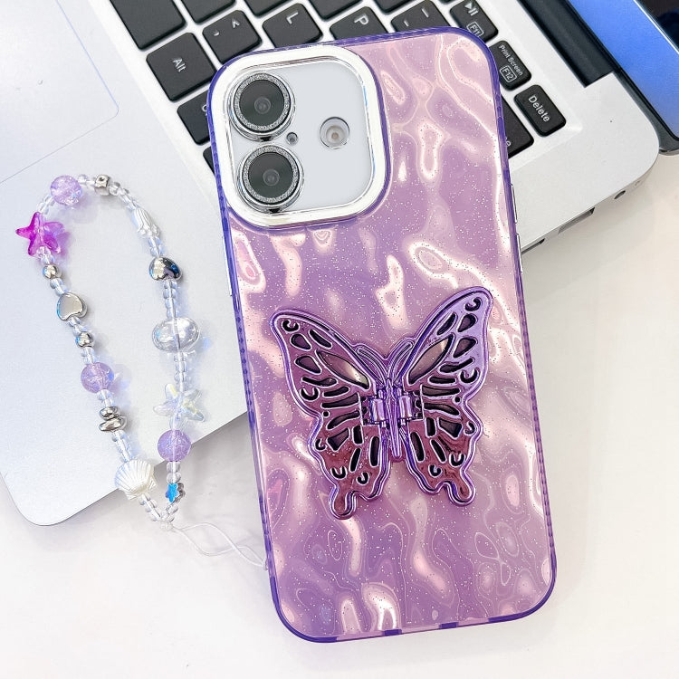 Plating Glitter Lens Film Texture Butterfly Holder Wristband Phone Case, For iPhone 16 Plus