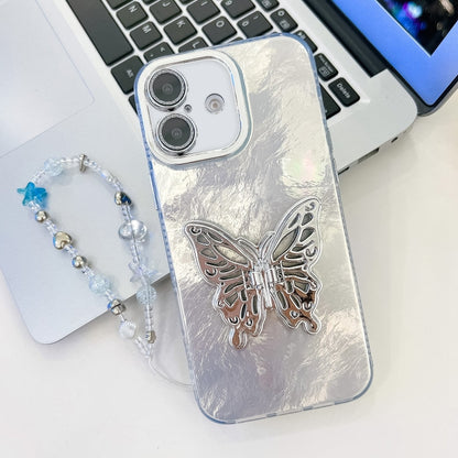 Plating Glitter Lens Film Texture Butterfly Holder Wristband Phone Case, For iPhone 16 Plus