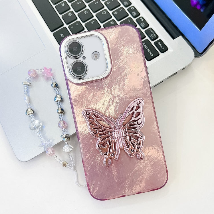 Plating Glitter Lens Film Texture Butterfly Holder Wristband Phone Case, For iPhone 16 Plus