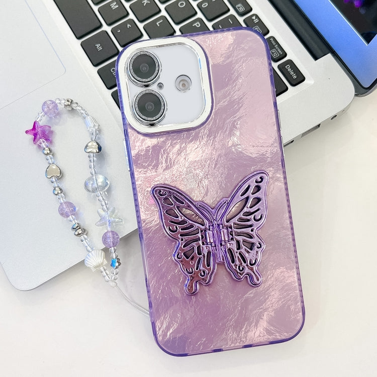 Plating Glitter Lens Film Texture Butterfly Holder Wristband Phone Case, For iPhone 16 Plus