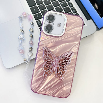 Plating Glitter Lens Film Texture Butterfly Holder Wristband Phone Case, For iPhone 16