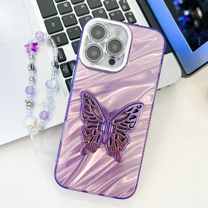 Plating Glitter Lens Film Texture Butterfly Holder Wristband Phone Case, For iPhone 15 Pro Max
