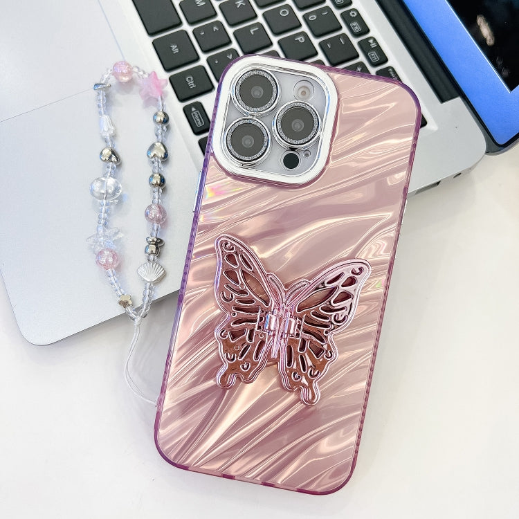 Plating Glitter Lens Film Texture Butterfly Holder Wristband Phone Case, For iPhone 15 Pro