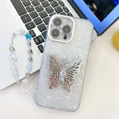 Plating Glitter Lens Film Texture Butterfly Holder Wristband Phone Case, For iPhone 15 Pro
