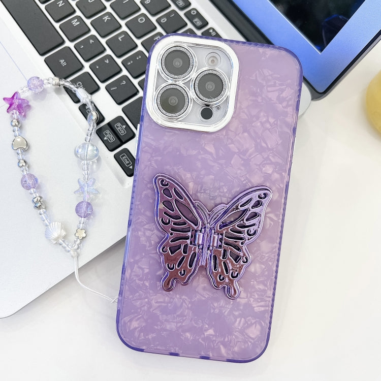 Plating Glitter Lens Film Texture Butterfly Holder Wristband Phone Case, For iPhone 15 Pro