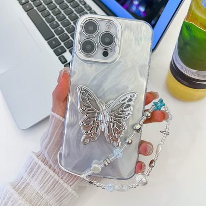 Plating Glitter Lens Film Texture Butterfly Holder Wristband Phone Case, For iPhone 15 Pro