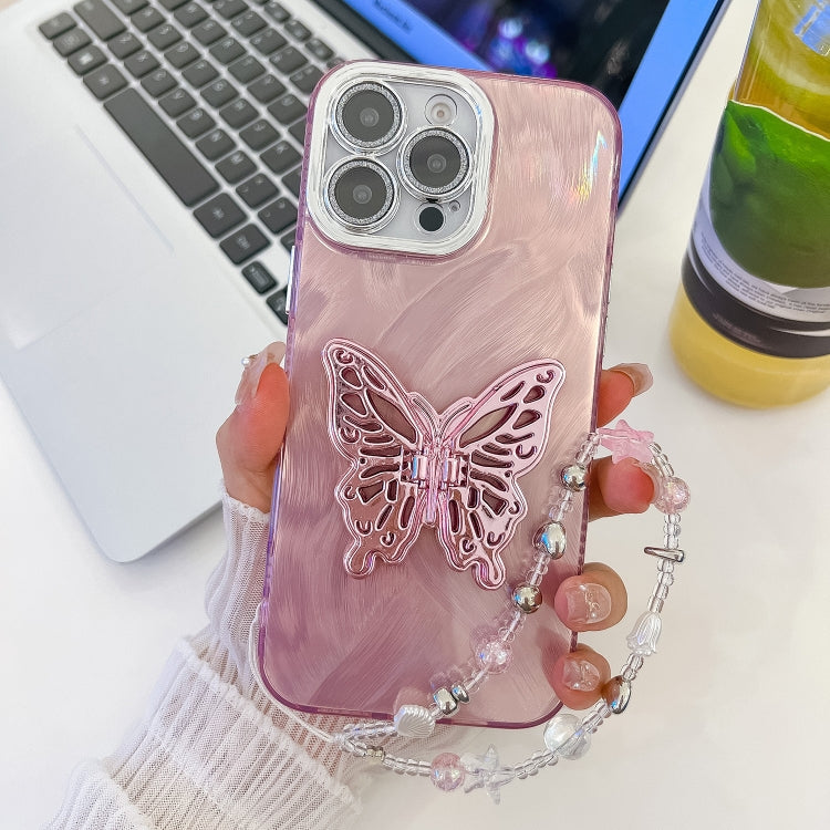Plating Glitter Lens Film Texture Butterfly Holder Wristband Phone Case, For iPhone 15 Pro