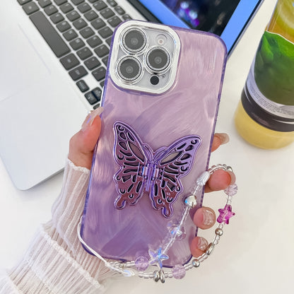 Plating Glitter Lens Film Texture Butterfly Holder Wristband Phone Case, For iPhone 15 Pro