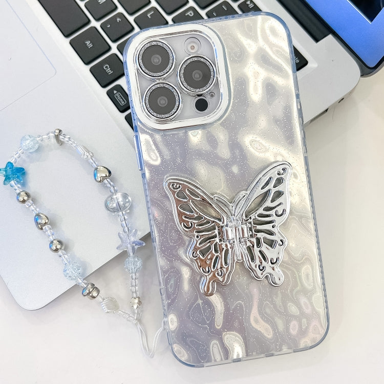 Plating Glitter Lens Film Texture Butterfly Holder Wristband Phone Case, For iPhone 15 Pro