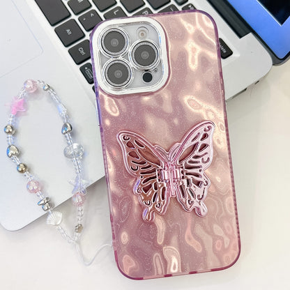 Plating Glitter Lens Film Texture Butterfly Holder Wristband Phone Case, For iPhone 15 Pro