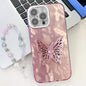 Plating Glitter Lens Film Texture Butterfly Holder Wristband Phone Case, For iPhone 15 Pro