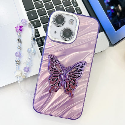 Plating Glitter Lens Film Texture Butterfly Holder Wristband Phone Case, For iPhone 15