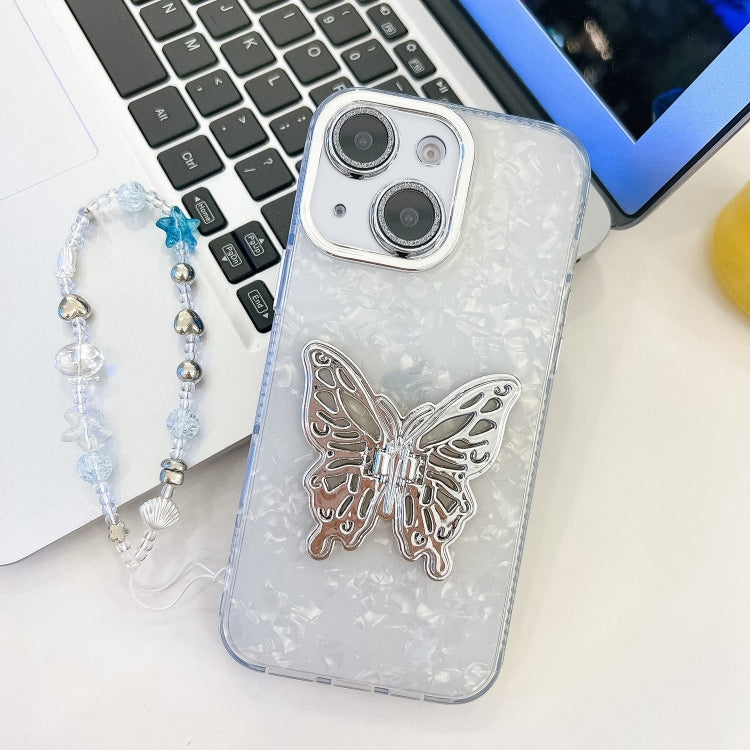 Plating Glitter Lens Film Texture Butterfly Holder Wristband Phone Case, For iPhone 15