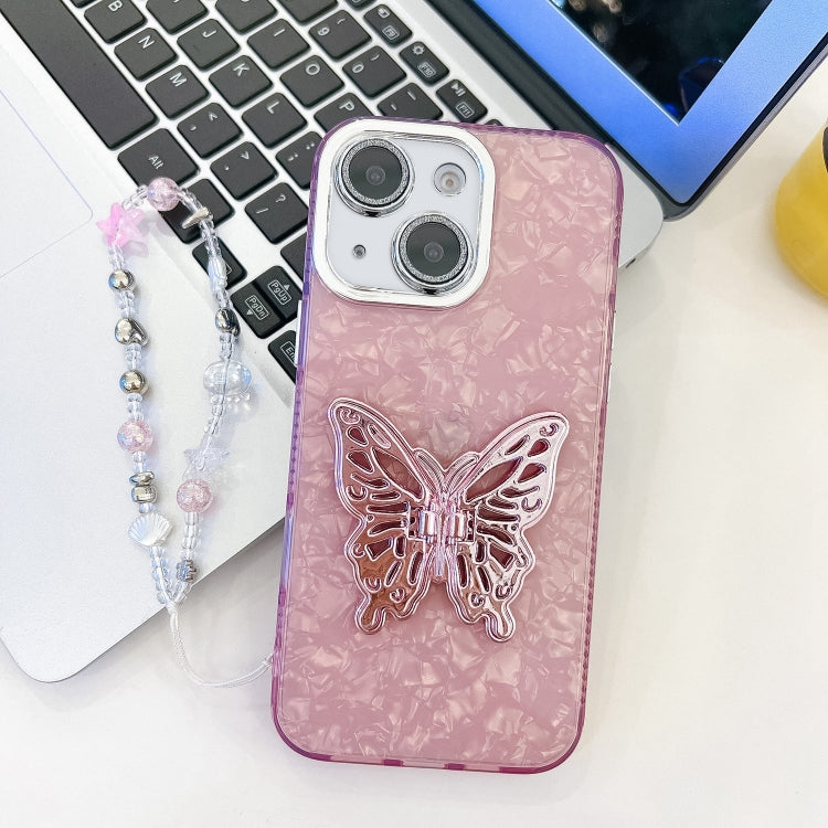 Plating Glitter Lens Film Texture Butterfly Holder Wristband Phone Case, For iPhone 15