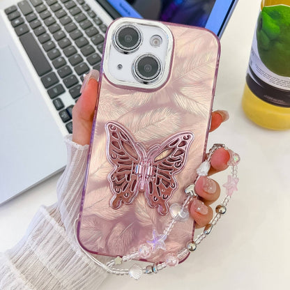 Plating Glitter Lens Film Texture Butterfly Holder Wristband Phone Case, For iPhone 15