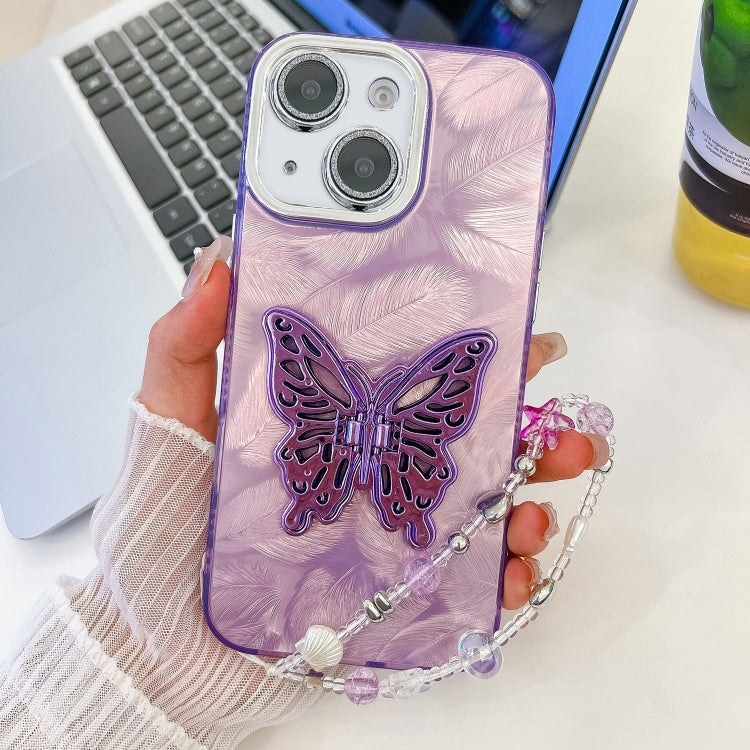 Plating Glitter Lens Film Texture Butterfly Holder Wristband Phone Case, For iPhone 15