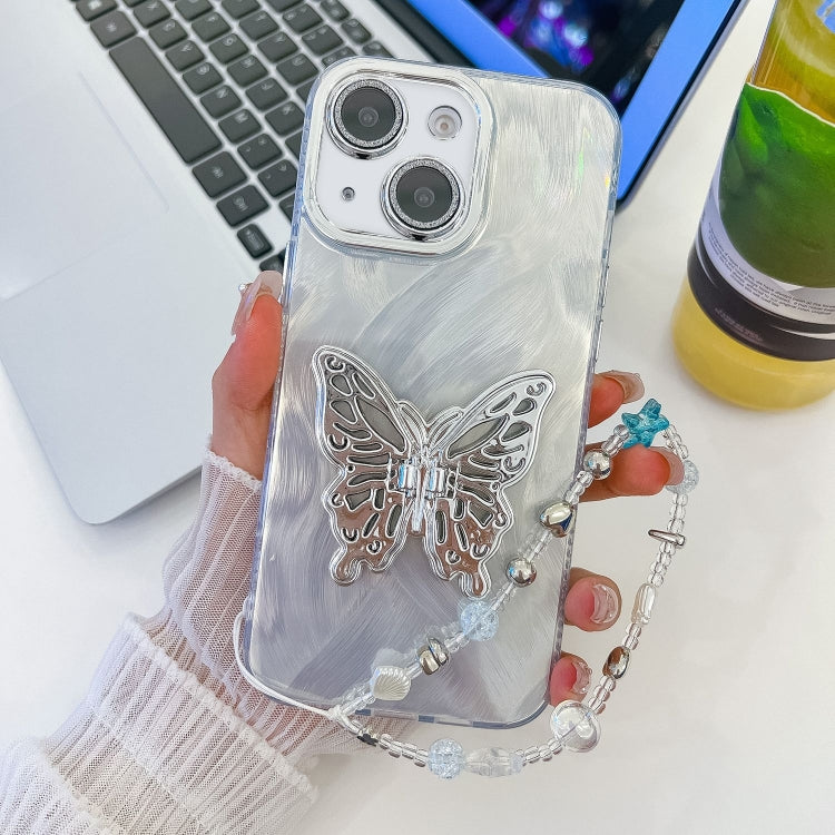 Plating Glitter Lens Film Texture Butterfly Holder Wristband Phone Case, For iPhone 15