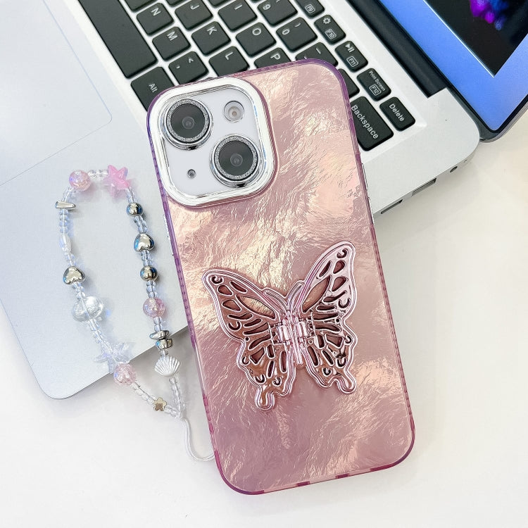 Plating Glitter Lens Film Texture Butterfly Holder Wristband Phone Case, For iPhone 15
