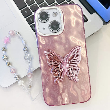 Plating Glitter Lens Film Texture Butterfly Holder Wristband Phone Case, For iPhone 14