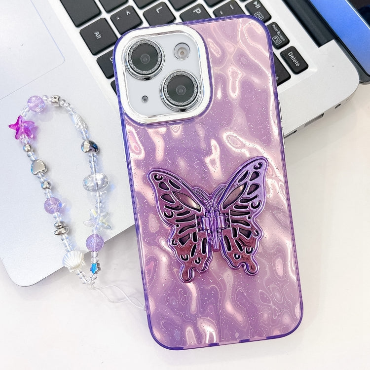 Plating Glitter Lens Film Texture Butterfly Holder Wristband Phone Case, For iPhone 14