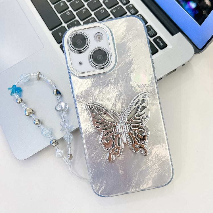 Plating Glitter Lens Film Texture Butterfly Holder Wristband Phone Case, For iPhone 14