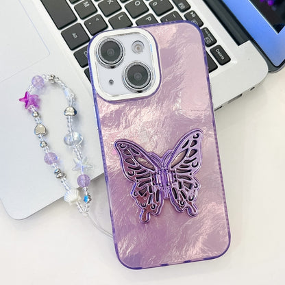 Plating Glitter Lens Film Texture Butterfly Holder Wristband Phone Case, For iPhone 14