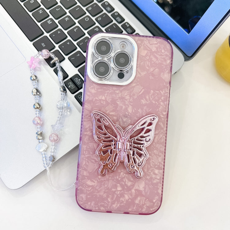 Plating Glitter Lens Film Texture Butterfly Holder Wristband Phone Case, For iPhone 14 Pro