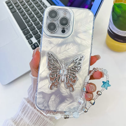 Plating Glitter Lens Film Texture Butterfly Holder Wristband Phone Case, For iPhone 14 Pro