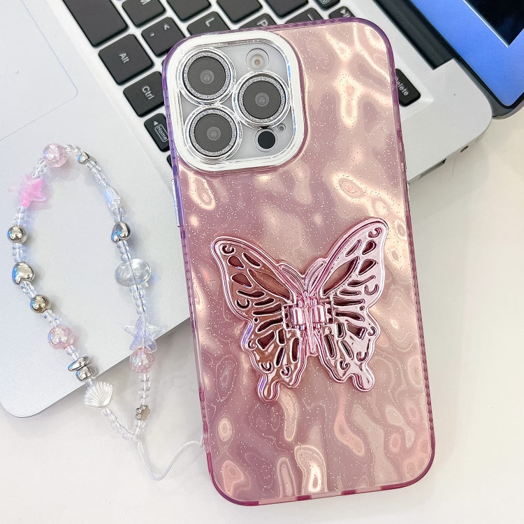 Plating Glitter Lens Film Texture Butterfly Holder Wristband Phone Case, For iPhone 14 Pro