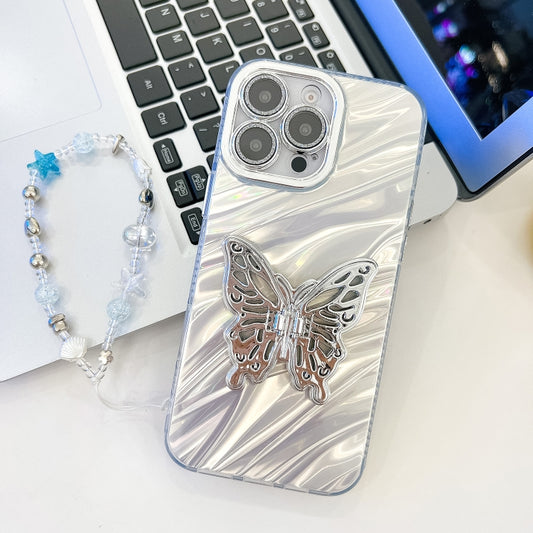 Plating Glitter Lens Film Texture Butterfly Holder Wristband Phone Case, For iPhone 14 Pro Max