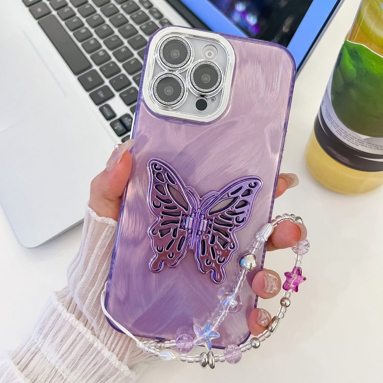 Plating Glitter Lens Film Texture Butterfly Holder Wristband Phone Case, For iPhone 13 Pro Max