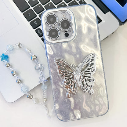 Plating Glitter Lens Film Texture Butterfly Holder Wristband Phone Case, For iPhone 13 Pro