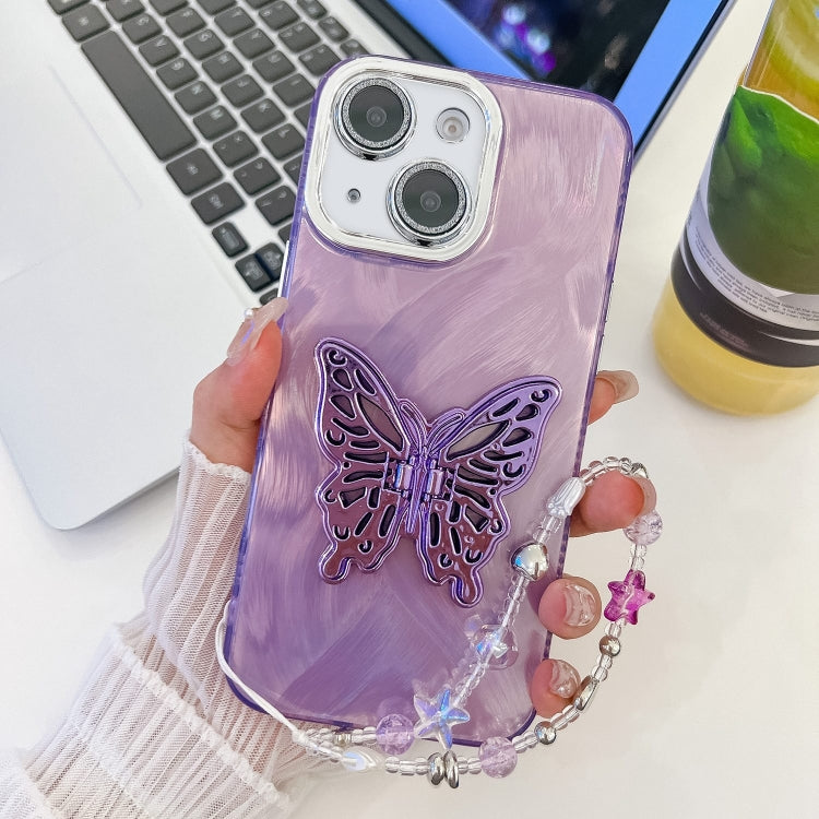 Plating Glitter Lens Film Texture Butterfly Holder Wristband Phone Case, For iPhone 13