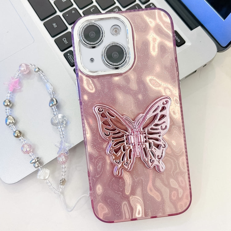 Plating Glitter Lens Film Texture Butterfly Holder Wristband Phone Case, For iPhone 13