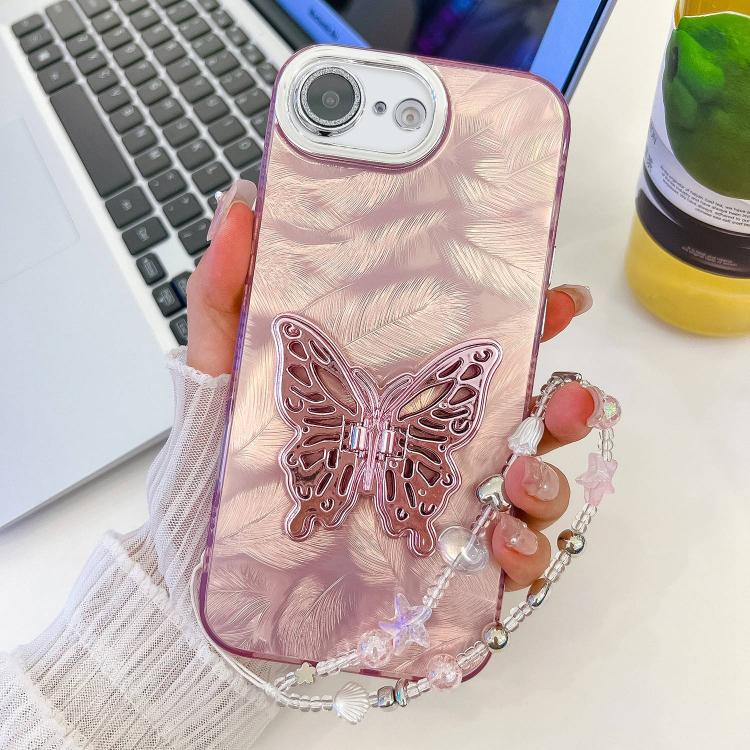 Plating Glitter Lens Film Texture Butterfly Holder Wristband Phone Case, For iPhone 17e / 16e
