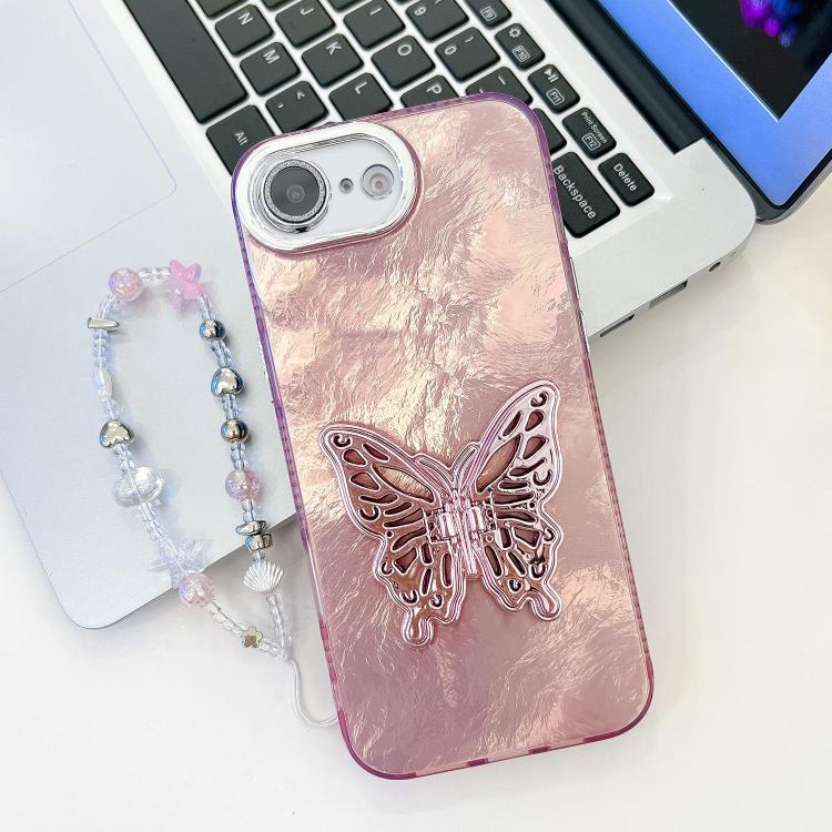 Plating Glitter Lens Film Texture Butterfly Holder Wristband Phone Case, For iPhone 17e / 16e