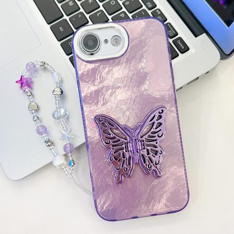 Plating Glitter Lens Film Texture Butterfly Holder Wristband Phone Case, For iPhone 17e / 16e
