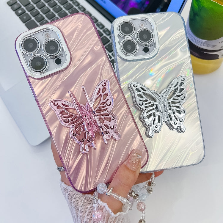 Plating Glitter Lens Film Texture Butterfly Holder Wristband Phone Case, For iPhone 13 Pro Max