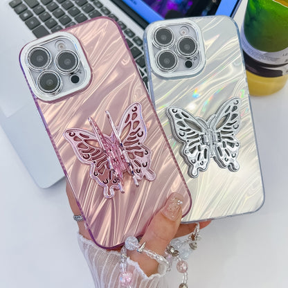 Plating Glitter Lens Film Texture Butterfly Holder Wristband Phone Case, For iPhone 13 Pro Max