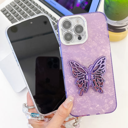 Plating Glitter Lens Film Texture Butterfly Holder Wristband Phone Case, For iPhone 15 Pro