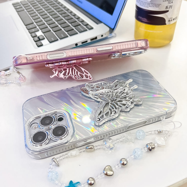Plating Glitter Lens Film Texture Butterfly Holder Wristband Phone Case, For iPhone 17e / 16e