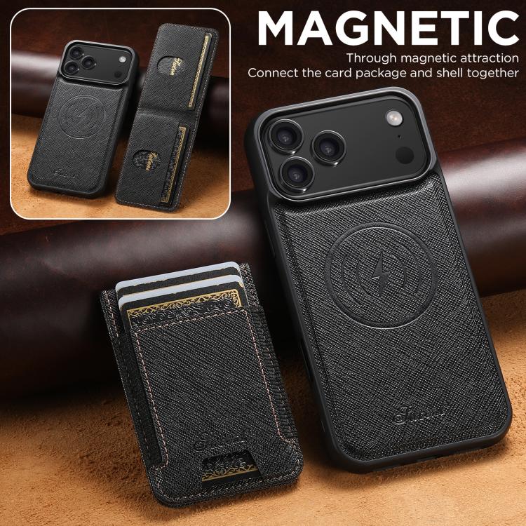 Suteni H17 Cross Grain Leather MagSafe Detachable Wallet Phone Case, For iPhone 18, For iPhone 18 Pro, For iPhone 18 Pro Max, For iPhone 17 Pro Max, For iPhone 17 Pro, For iPhone 17, For iPhone Air, For iPhone 16 Pro Max