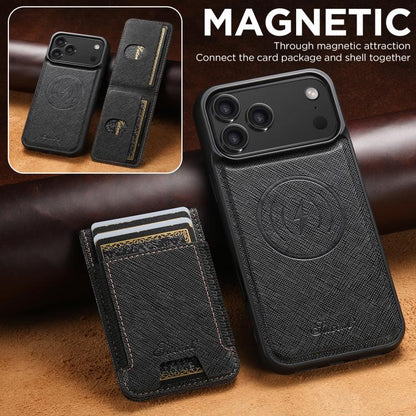 Suteni H17 Cross Grain Leather MagSafe Detachable Wallet Phone Case, For iPhone 18, For iPhone 18 Pro, For iPhone 18 Pro Max, For iPhone 17 Pro Max, For iPhone 17 Pro, For iPhone 17, For iPhone Air, For iPhone 16 Pro Max