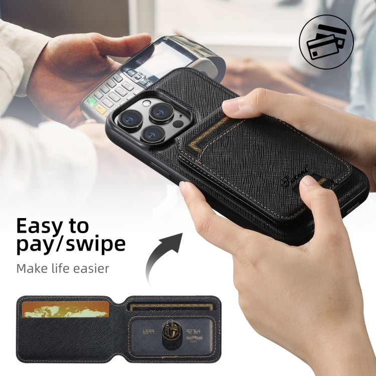 Suteni H18 Cross Grain MagSafe Wallet Leather Phone Case, For iPhone 16 Pro, For iPhone 16 Plus, For iPhone 16, For iPhone 15 Pro Max, For iPhone 15 Pro, For iPhone 15 Plus, For iPhone 15, For iPhone 14 Plus