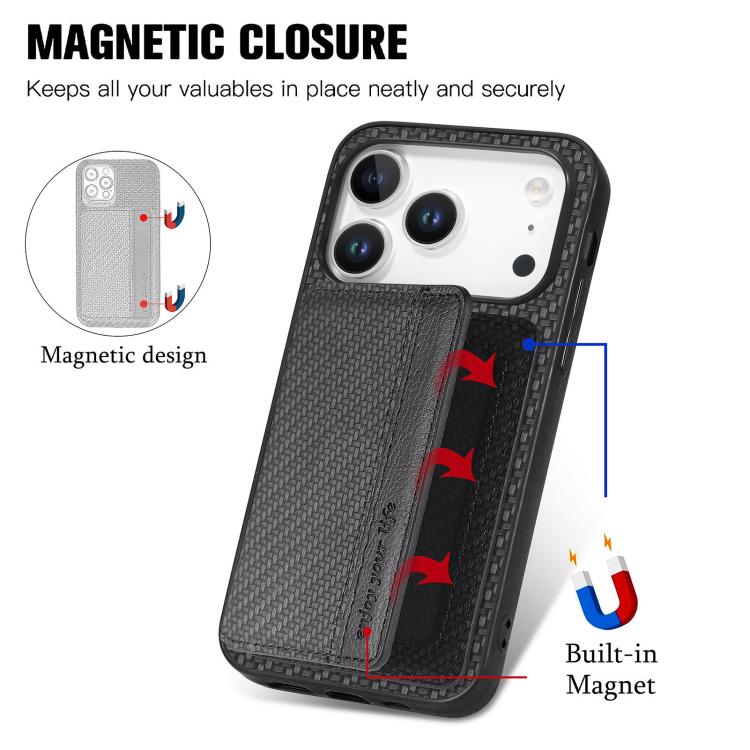 Carbon Fiber Magnetic Card Wallet RFID Blocking Phone Case, For iPhone 18 Pro / 17 Pro, For iPhone 18 Pro Max / 17 Pro Max, For iPhone 17e / 16e, For iPhone 17