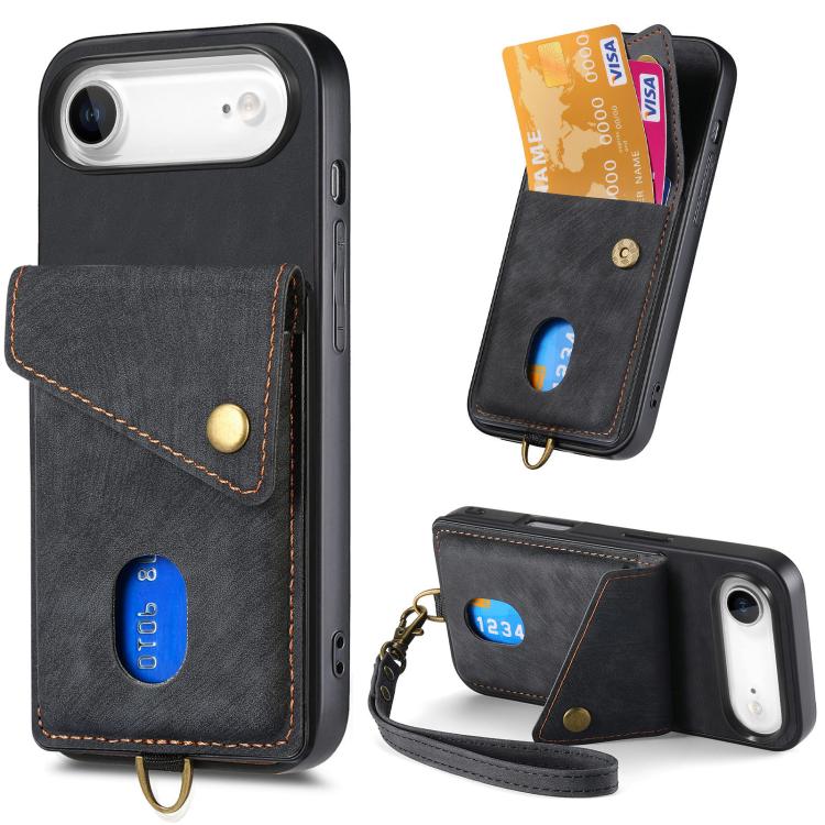 Retro Card Wallet Fold Leather Phone Case with Strap