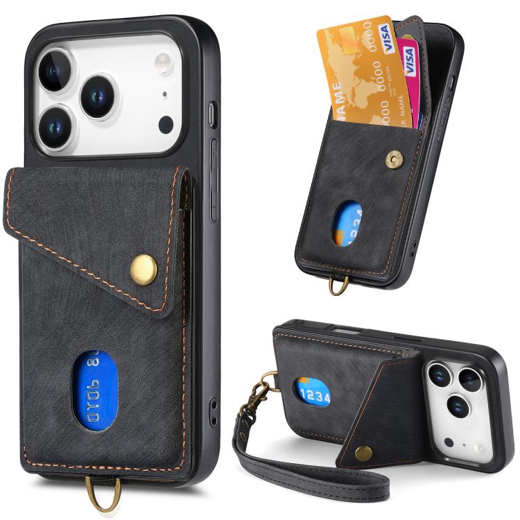 Retro Card Wallet Fold Leather Phone Case with Strap, For iPhone 17e / 16e, For iPhone 17 Pro Max, For iPhone 17 Pro, For iPhone 17